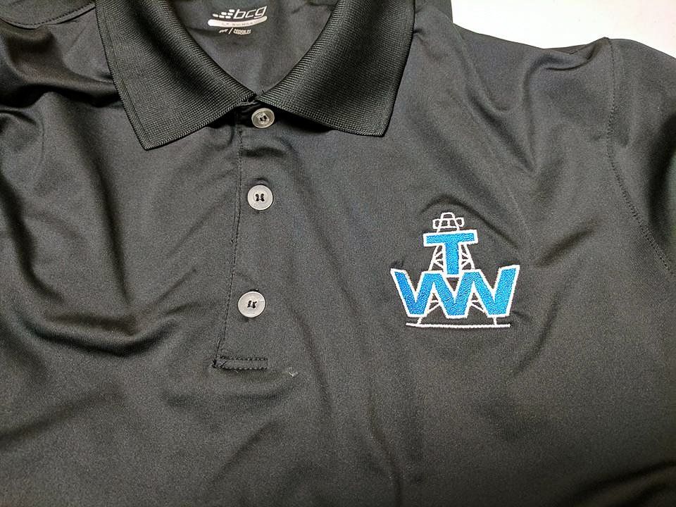 Black polo shirt with a blue and white logo: 