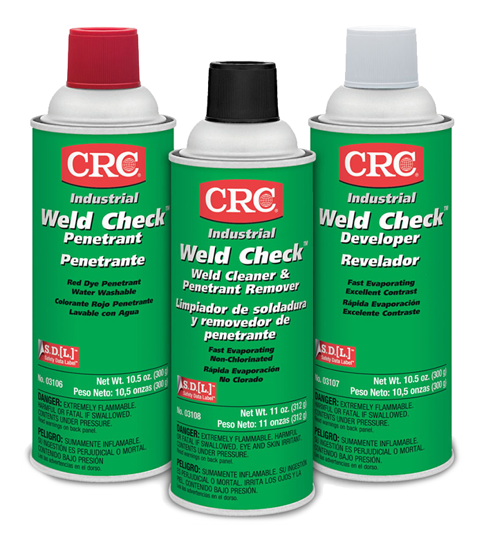 Three cans of crc weld check are sitting next to each other