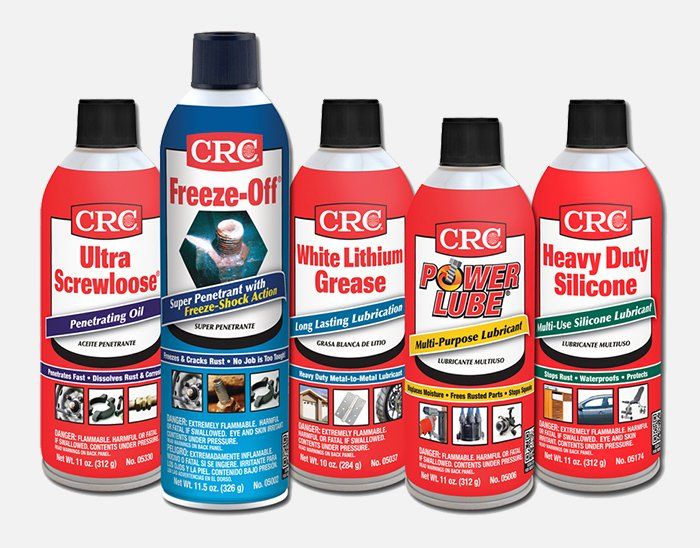 Four bottles of crc products are lined up on a white background