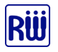 A blue and white logo with the word rw on it.