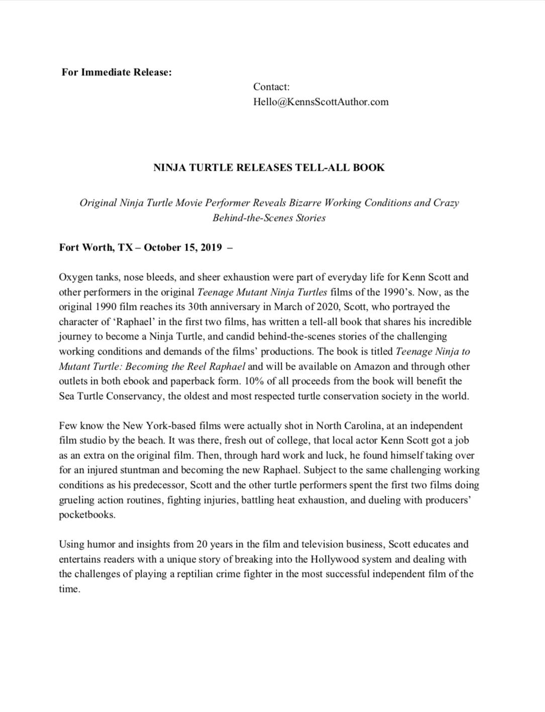 Press release for Kenn Scott Book Release