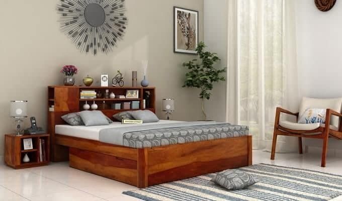 wooden queen size bed with storage