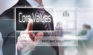 Businessman pressing a Core Values concept button.