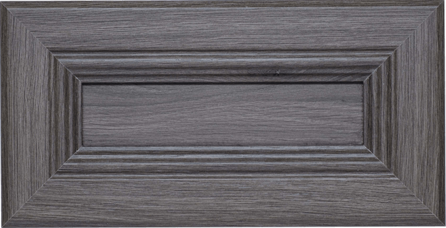 A close up of a gray wooden cabinet door on a white background.