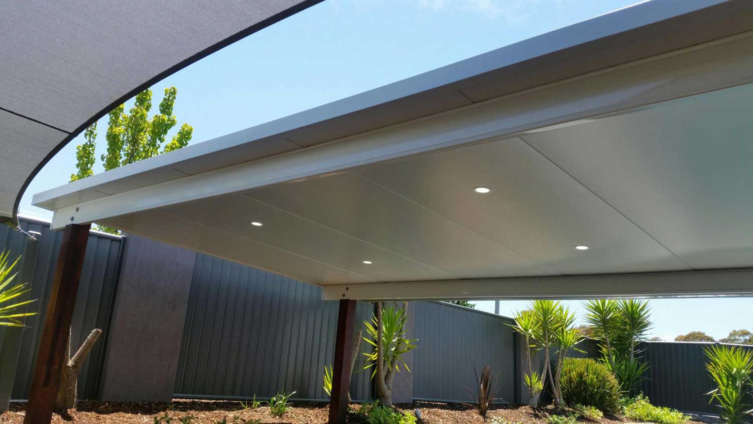 metal pergola roof with lights