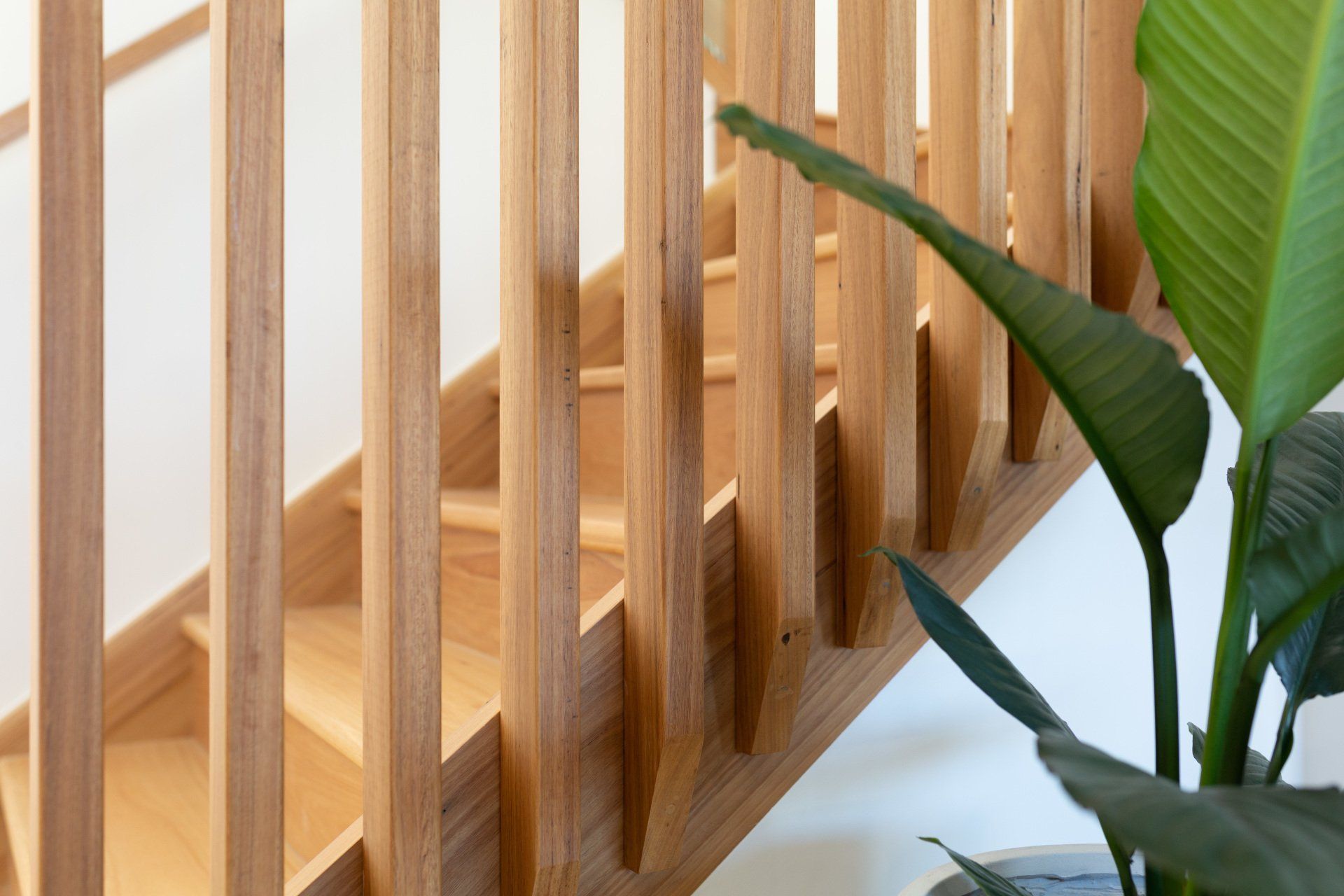 Wooden staircase with vertical balusters, side view, and green plant.