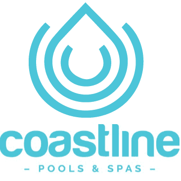 Coastline Pools & Spas logo: teal droplet design above the teal text 