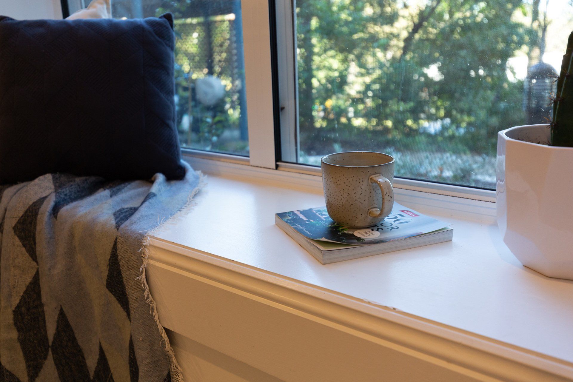 Window seat with a pillow, blanket, book, mug, and potted cactus. Outside, trees are visible.