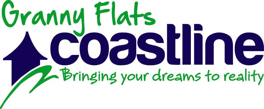 Logo for Granny Flats Coastline. Text in green and blue with a blue house and green wave.