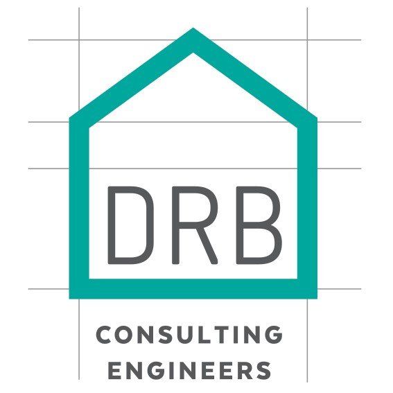 Logo for DRB Consulting Engineers: Teal house outline, gray text 
