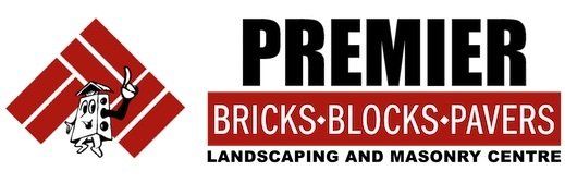 Logo for Premier Bricks, Blocks & Pavers showing a brick pattern with a smiling die character giving the peace sign.
