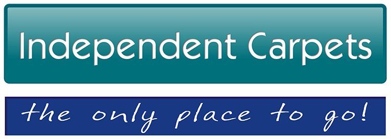 Independent Carpets logo with teal and navy bars, white text: