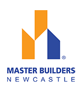 Master Builders Newcastle logo: orange and blue abstract building shapes with company name below.