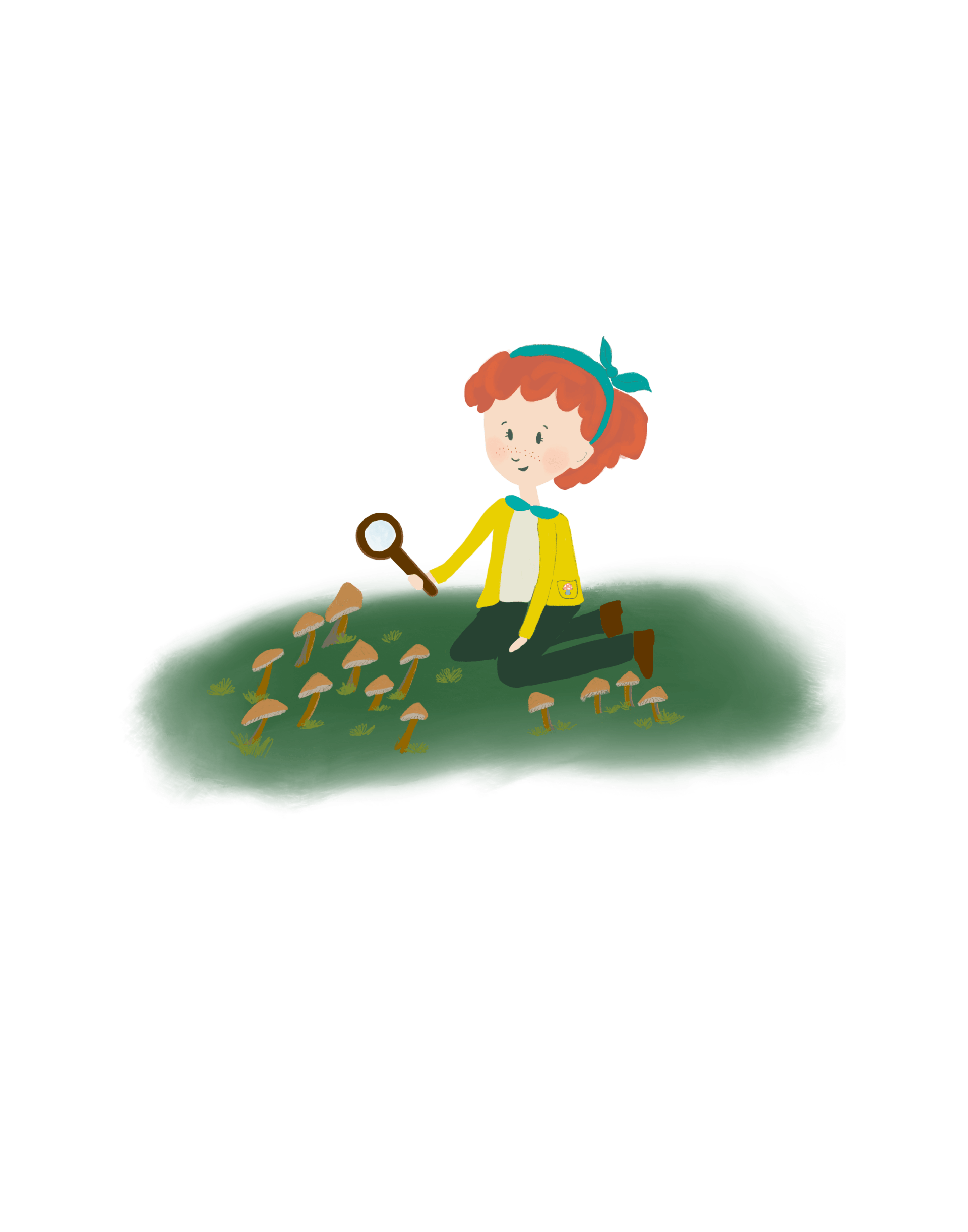 Little scientist, red hair, girl, mushrooms