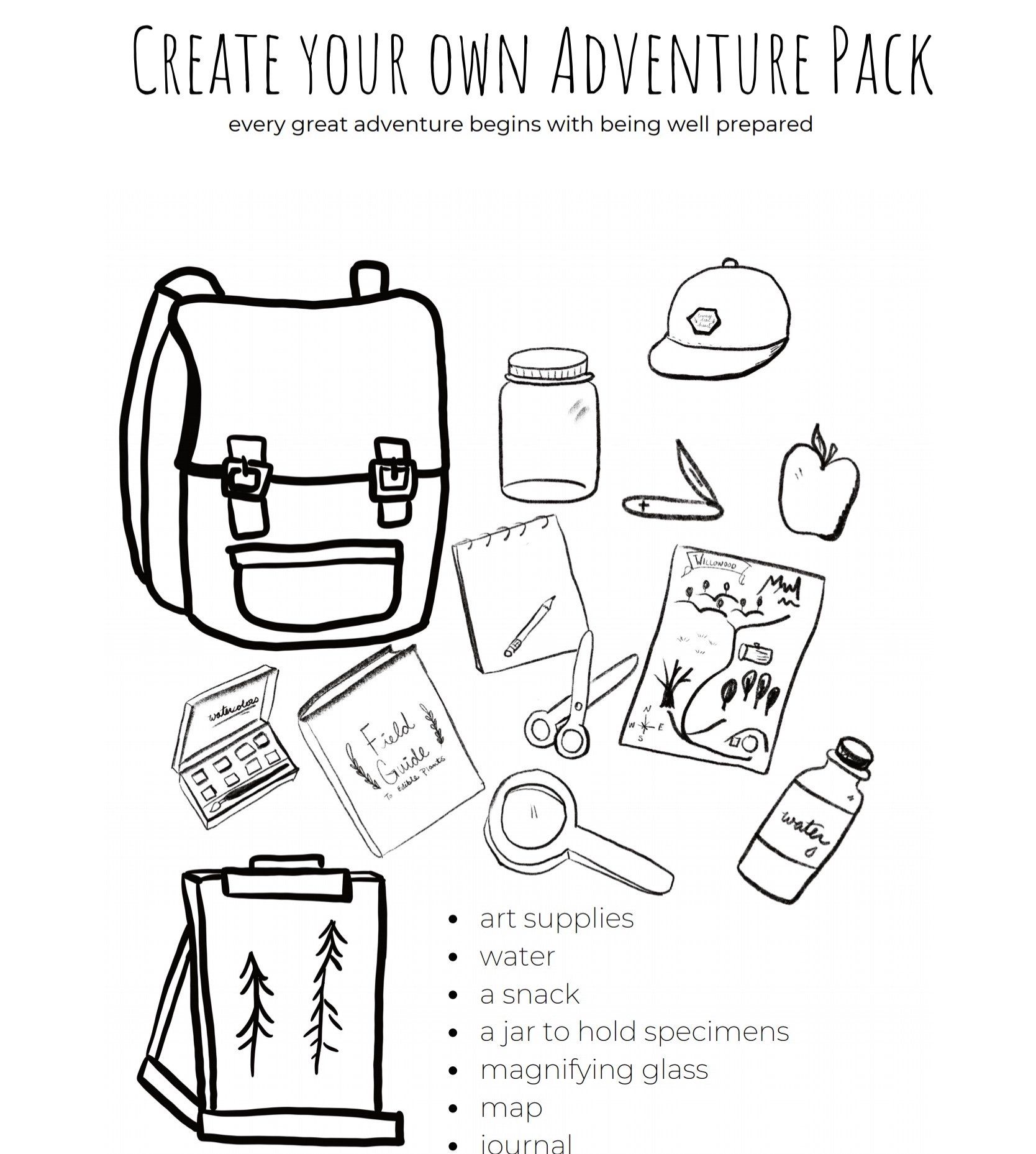 Wild and free kids nature adventure Pack coloring page