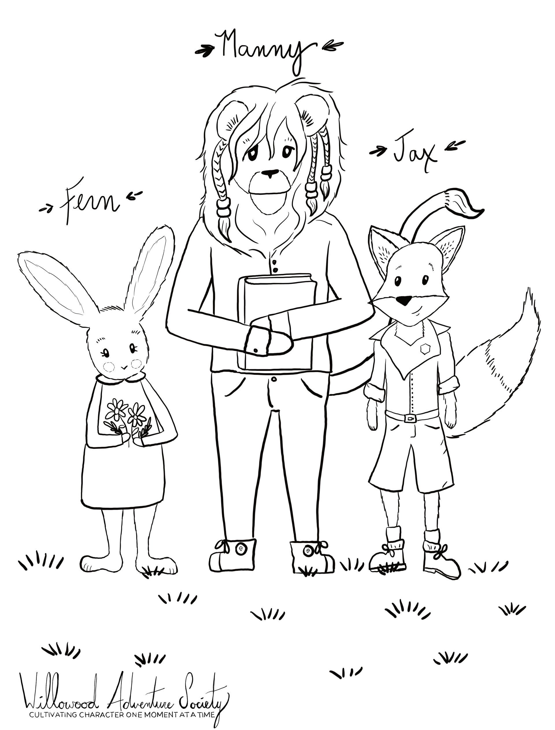 Cute bunny, Fox, and lion free coloring page for kids