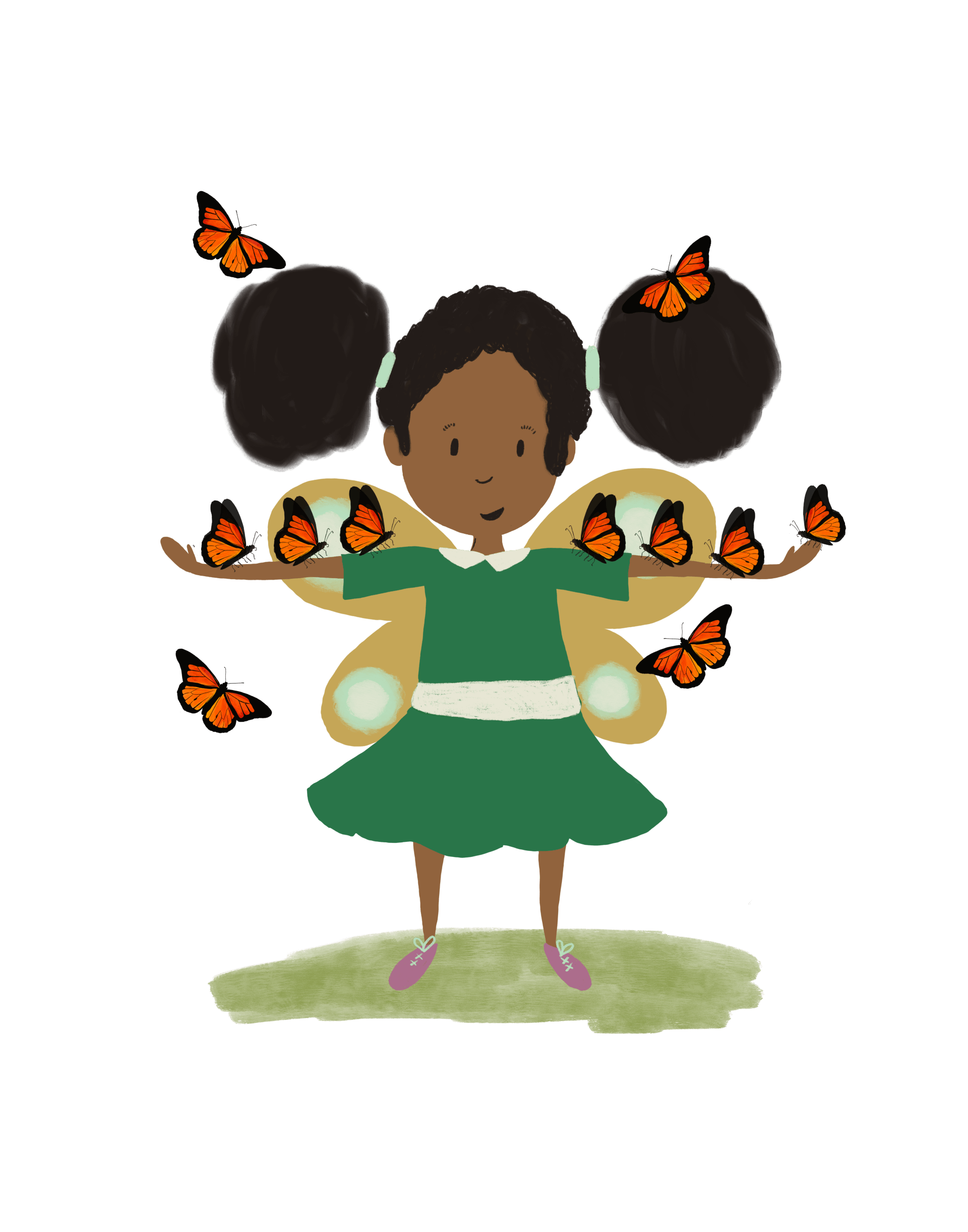 African American girl and butterflies, monarch