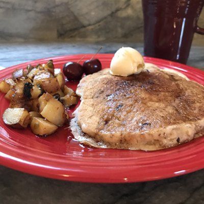 cherry vanilla pancakes with home fries