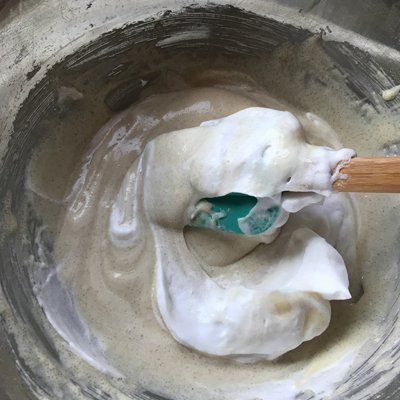 aquafaba folding into vanilla cake batter