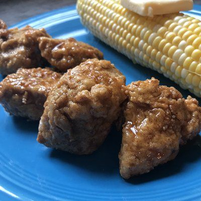 vegan fried Chik'n with corn