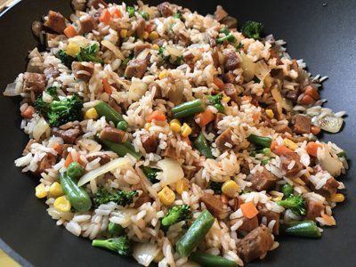 Vegan Pork Fried Rice in wok