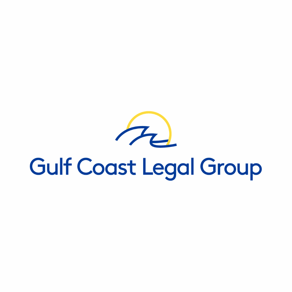 The logo for the gulf coast legal group is blue and yellow.