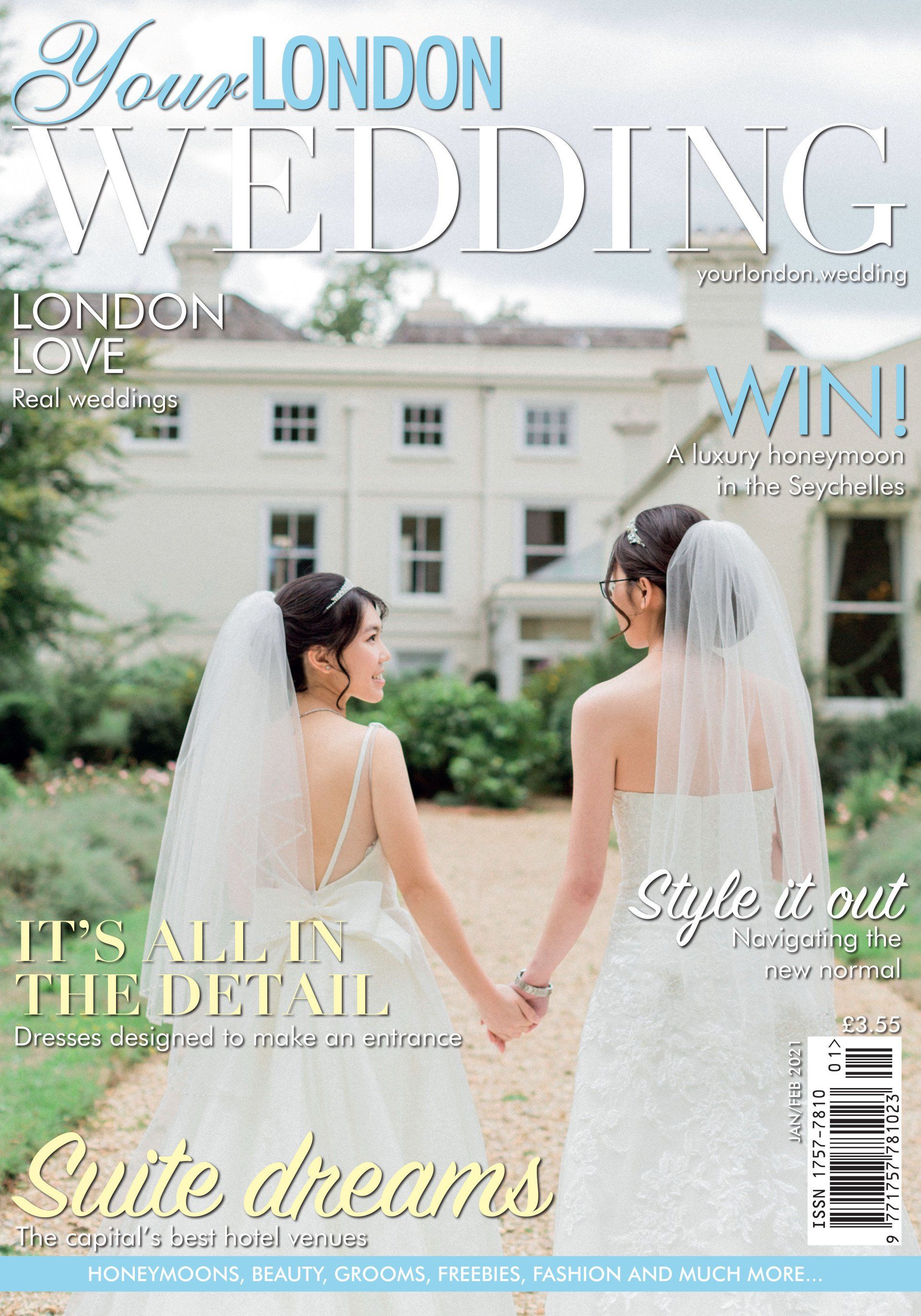Same sex wedding, two brides walking hand in hand towards their wedding venue.