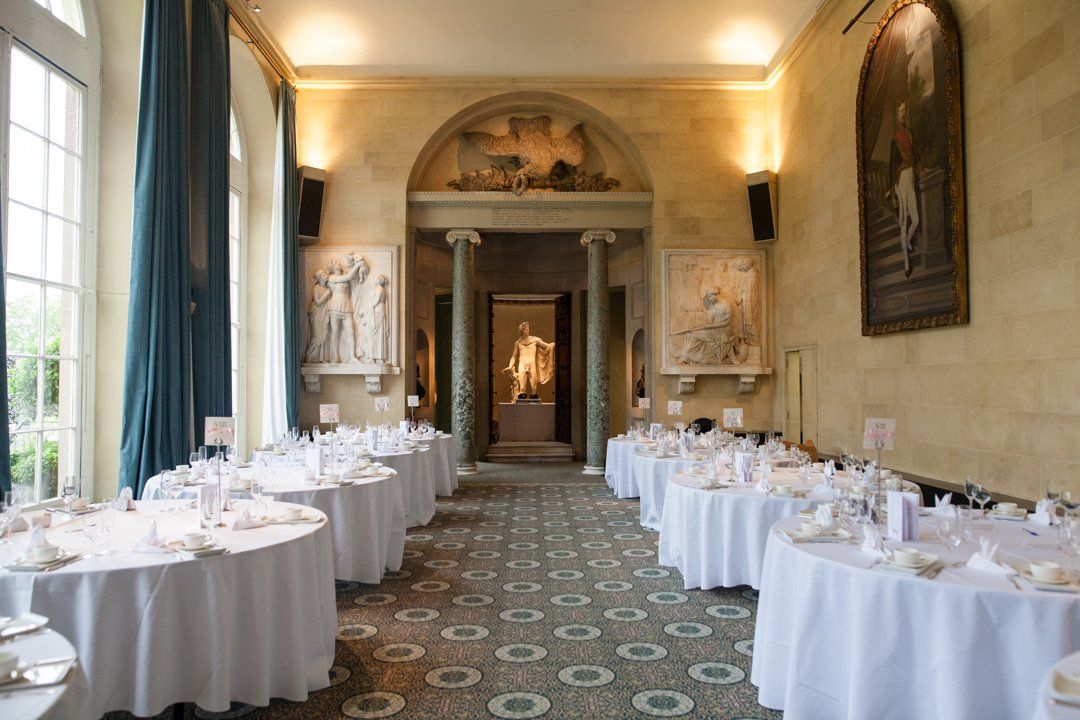 The Sculpture Gallery at Woburn Abbey, room laid out for the wedding afternoon tea