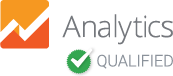 Google Analytics Qualified logo. Orange and white graph, text
