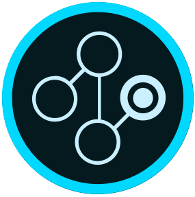 Blue circle with a network icon on a dark background.