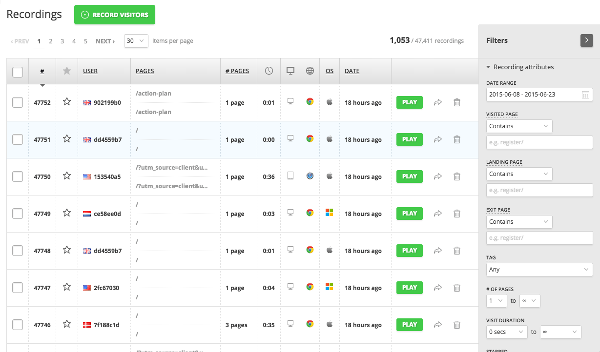 Webpage showing a recordings list with details and a sidebar for filtering data. Green 