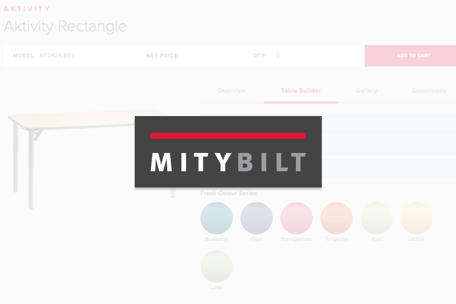 Mitybilt logo on a website showing an Aktivity Rectangle table with color options.
