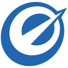 Blue abstract logo with an orbiting arc and a line through the center.