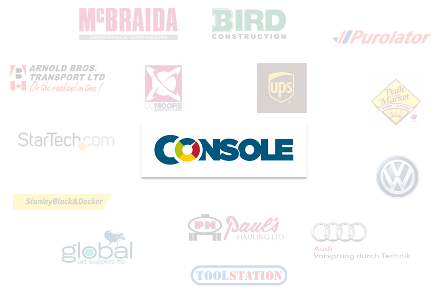 Logos of various companies, including Console, UPS, Volkswagen, and Audi.