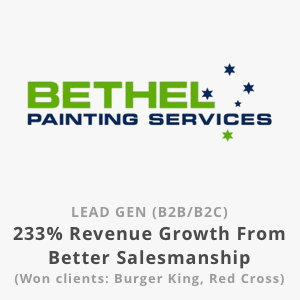 Logo for Bethel Painting Services, with a 233% revenue growth claim and client examples like Burger King, Red Cross.