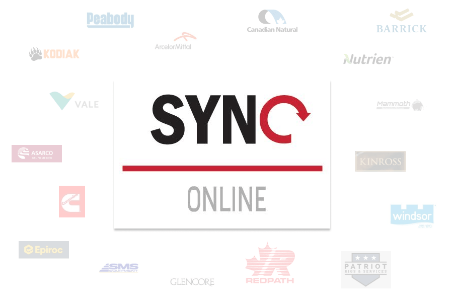 SYNC Online logo with a red horizontal line and surrounding company logos.