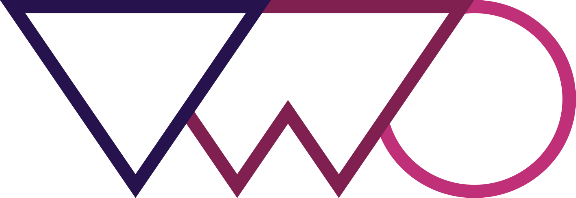 Abstract logo: Dark blue triangle overlapping a dark pink W, and a pink circle.