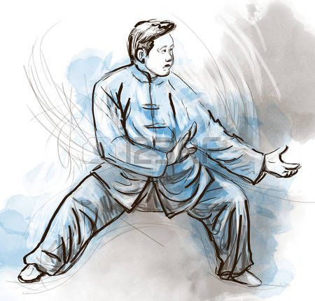 Een aquarelillustratie van een persoon in een brede stand die Tai Chi beoefent, gekleed in losse kleding, tegen een blauwe achtergrond.
