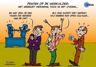 Een cartoon toont een man met een pijl in zijn hoofd die zegt dat zijn werkplek een