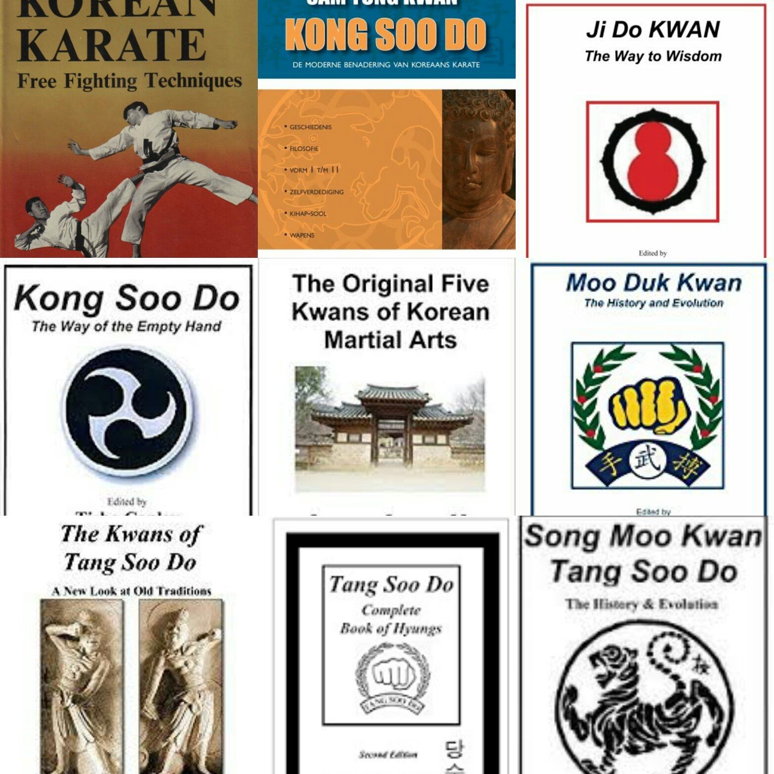 Een raster van negen boekomslagen over Koreaanse vechtsporten, met diverse titels, logo's en illustraties.