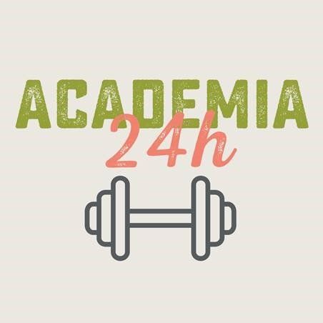 Logotipo da Academia 24h com texto verde, “24h” em vermelho e um ícone de haltere cinza sobre um fundo claro.