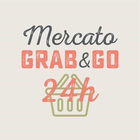 Logotipo Mercato Grab & Go 24h em tons de cinza, coral e verde-oliva sobre um fundo claro.