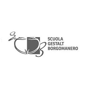 Logo per la Scuola Gestalt Borgomanero, caratterizzato da una grafica stilizzata grigia con linee intrecciate accanto al testo.