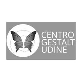 Logo per Centro Gestalt Udine raffigurante una farfalla stilizzata formata da due profili contrapposti all'interno di un cerchio su sfondo grigio.