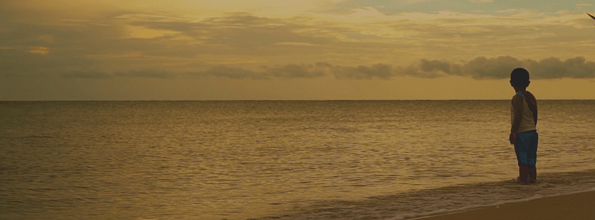 Una persona si trova su una spiaggia sabbiosa al tramonto, con lo sguardo rivolto verso l'orizzonte, su un oceano calmo e illuminato da una luce dorata.