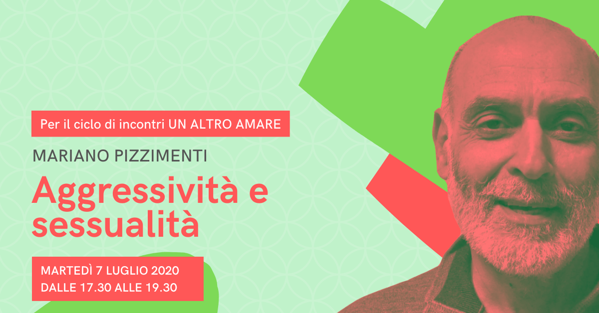 Locandina dell'evento con Mariano Pizzimenti per una conferenza su aggressività e sessualità, che si terrà il 7 luglio 2020, dalle 17:30 alle 19:30.