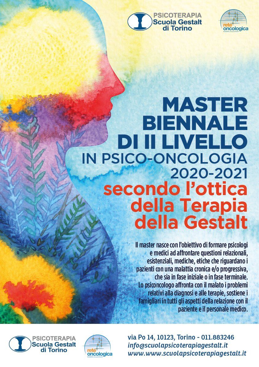 Volantino promozionale per il corso di laurea magistrale biennale in psico-oncologia 2020-2021, con un'illustrazione ad acquerello di un profilo umano.