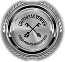 A silver coin with the words `` crypto tax verified '' on it