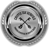 A silver coin with the words `` crypto tax verified '' on it