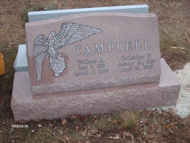 Campbell North American Pink Polished Face BRP Sides Serp Top Double Wide Flat Carved Angel Design Outlined Lettering Base